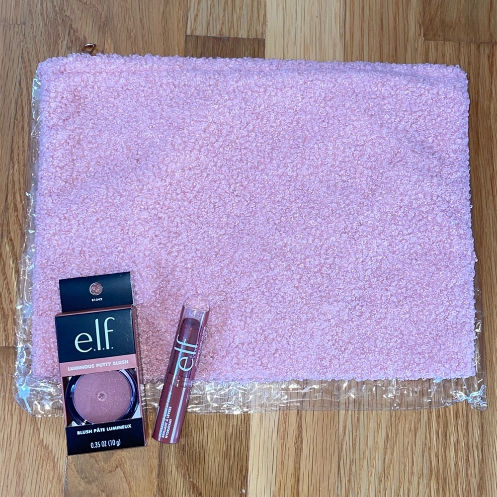New Pink Makeup Cosmetic Bag & elf Blush Lip Shine Set